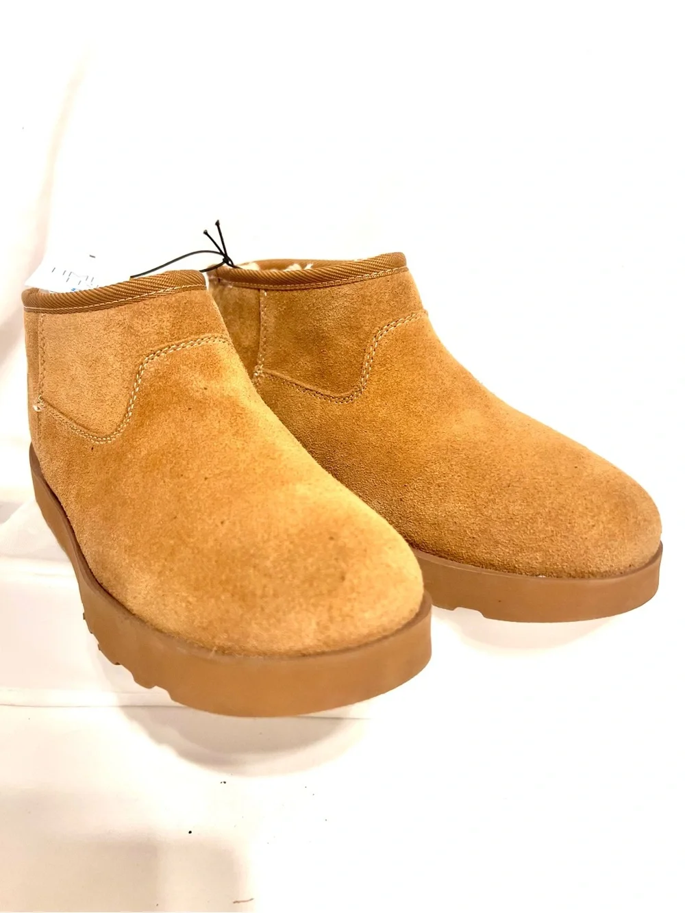 Time and Tru-NWT-Women's Ankle Boots-Tan-Leather Suede-Slip On-Sz. 8-Faux Fur